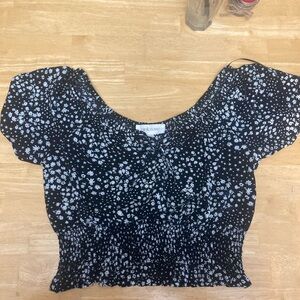 Pink Rose Black and White Floral Puff Sleeve Crop Top